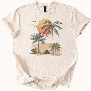 Sunset Palm Trees Graphic Shirt Beach Scene Summer Tee Nature Art Top